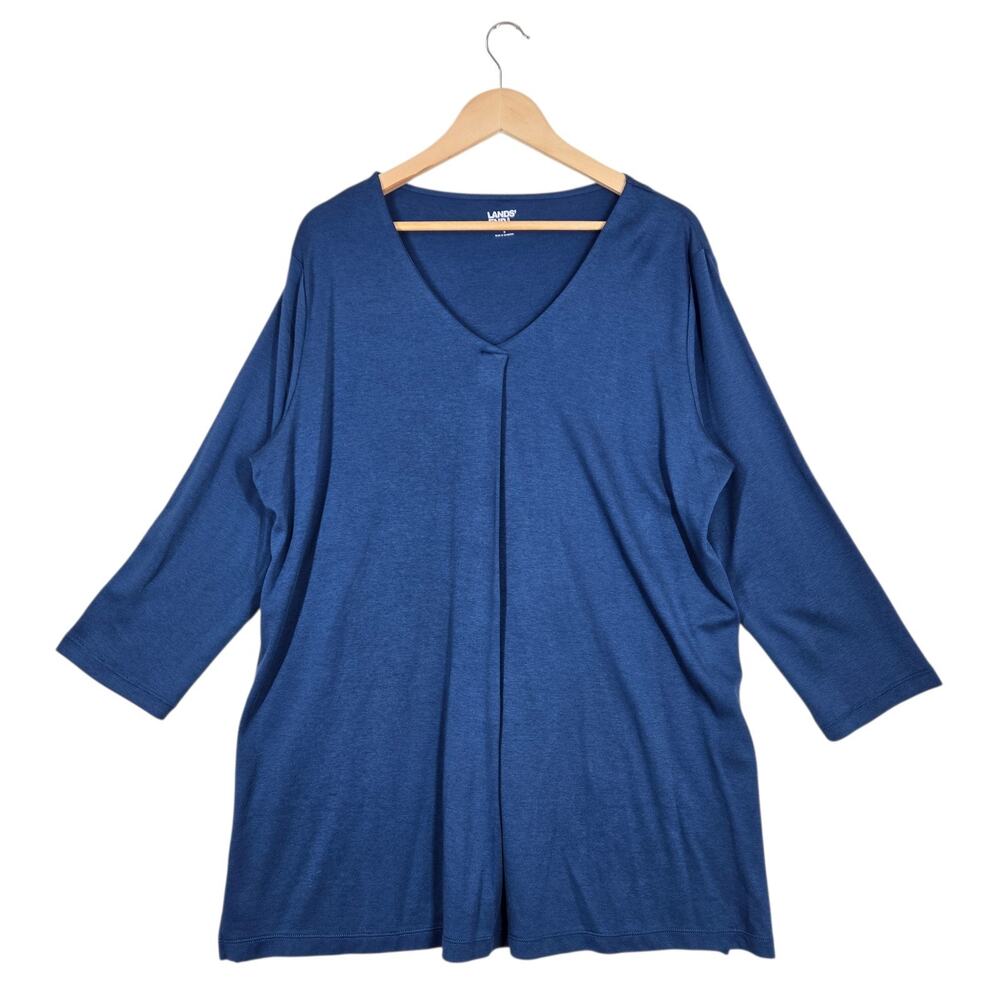 Lands End Tunic Top XL Blue Tencel Blend Notch V Neck Relaxed Oversized